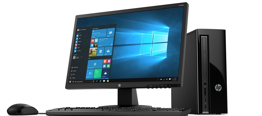 HP Slimline Desktop PC (Jack Black) with Windows 10 screen and wired mouse and keyboard, Catalog, Left Facing